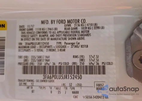 2018 Ford Fusion Se Hybrid from USA, damaged, VIN 3FA6P0LU5JR152450